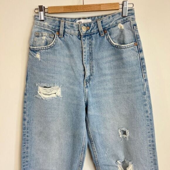 Zara Women's Size 4 Destroyed Distressed Wide Leg Light Wash Blue Jeans Grunge - Picture 3 of 16